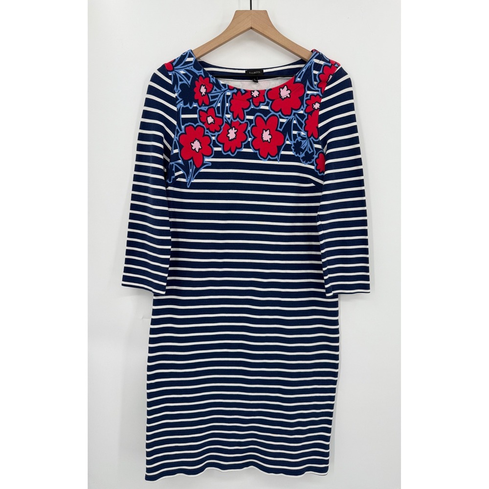 Talbots Dress Womens Large Blue Striped Floral 3/4 Sleeve Sheath‎ Nautical